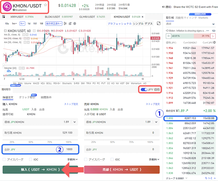 Gate.io（ゲート）でKMONの注文を出す