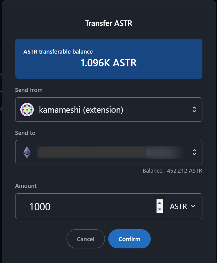 PolkaDotjs送信先入力してASTRを送金