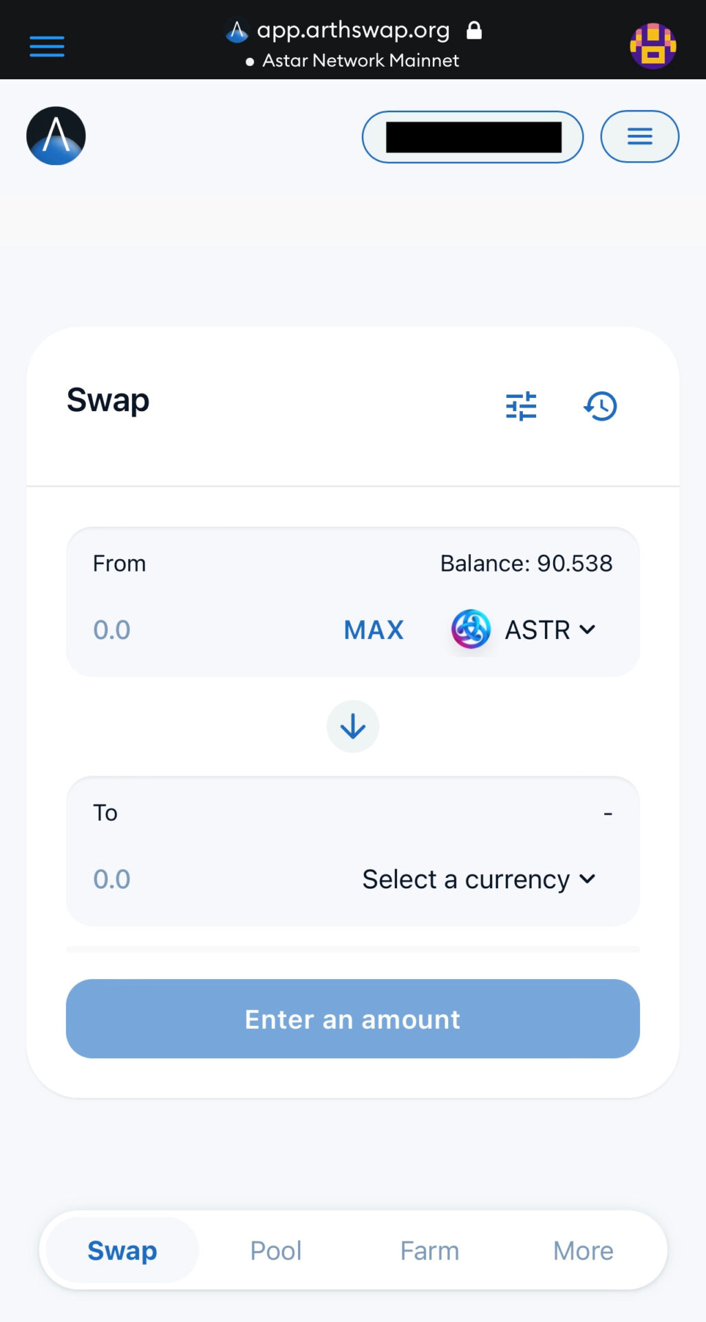 ArthSwapにメタマスクが接続される