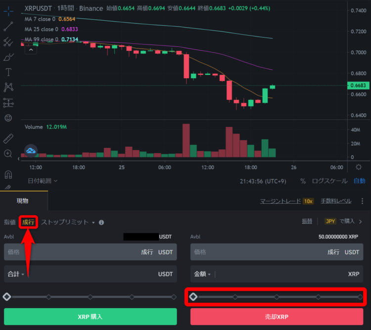 バイナンスのリップル（XRP）トレード画面