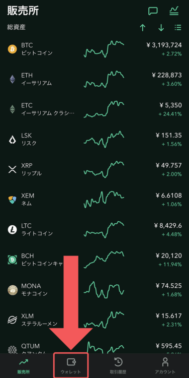 コインチェックにスマホから入金するのでウォレットをタップ