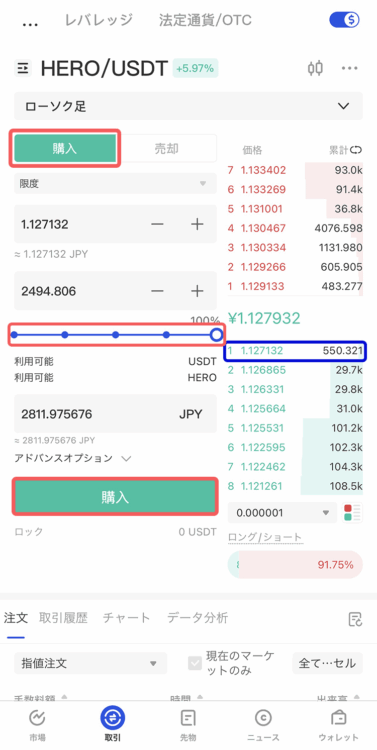 Gate.io（ゲート）のHERO/USDT取引画面