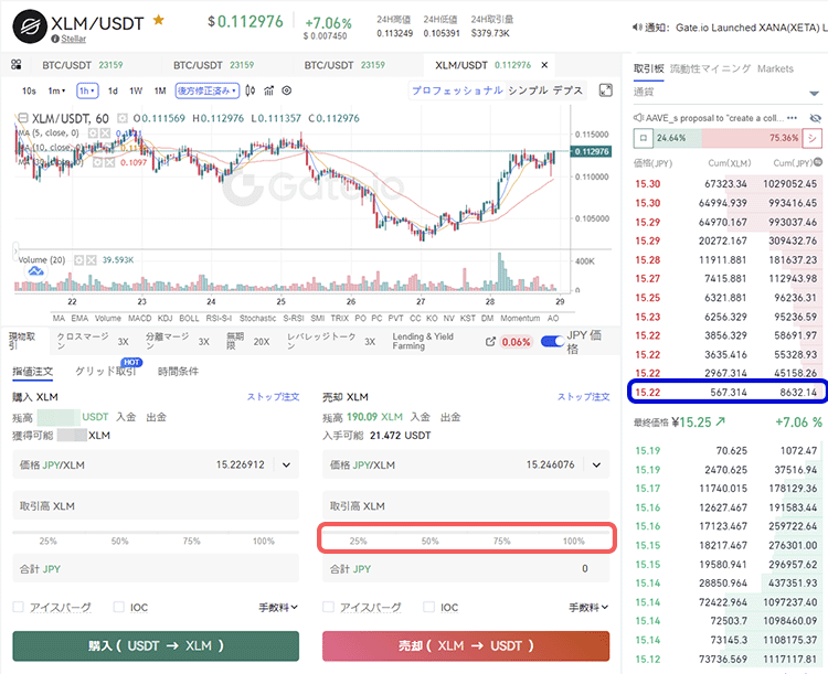 Gate.ioのXLM取引画面