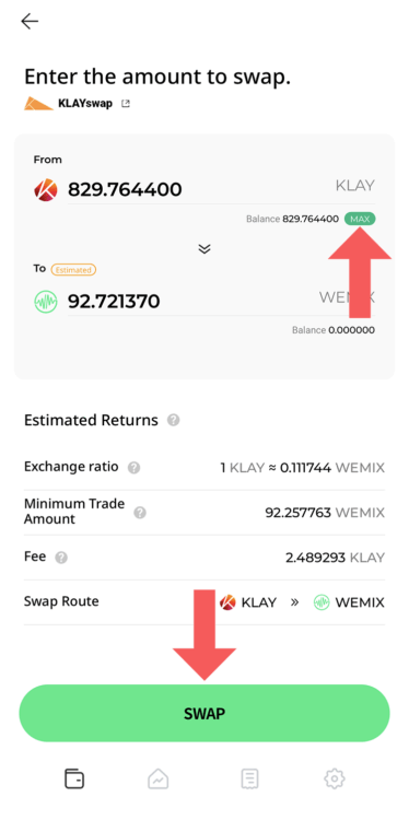 WEMIXにスワップする数量を入力