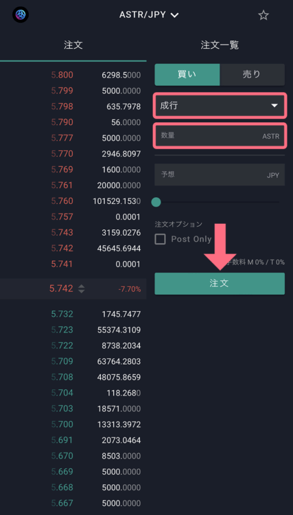 ビットバンクアプリから成行注文