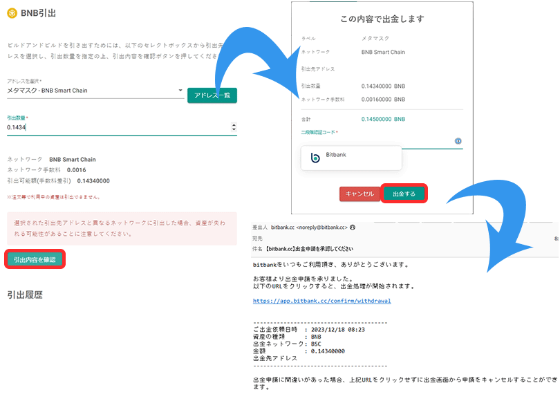 出金申請するとメールが届く