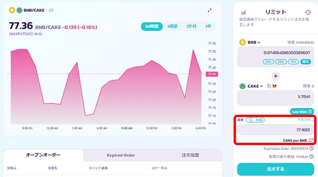 パンケーキスワップ（PancakeSwap）の指値注文の注意点