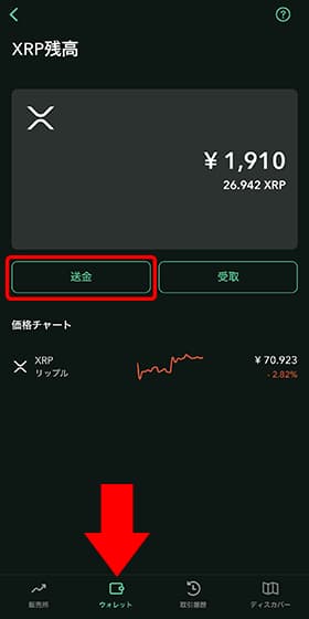 コインチェックのウォレットから「送金」をタップ