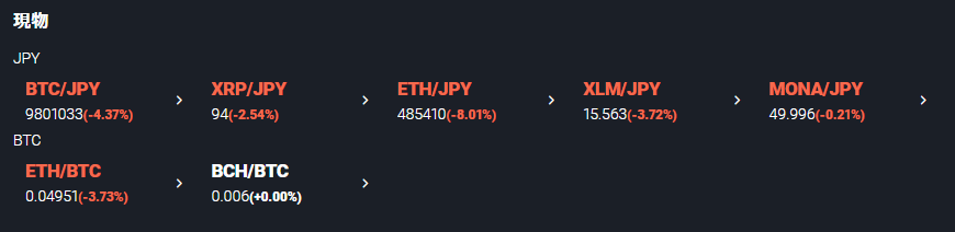 bitflyer lightningの取扱い通貨（現物）