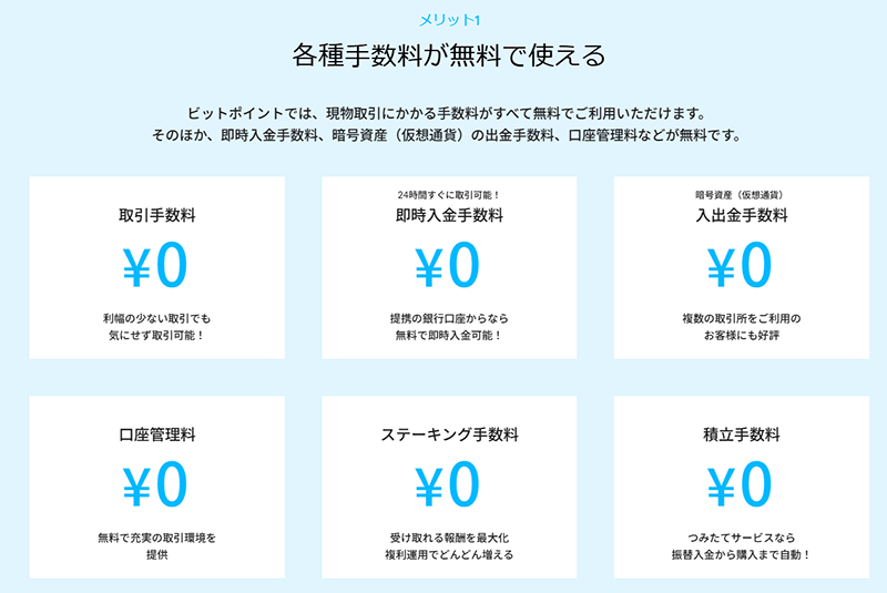 ビットポイントの手数料一覧